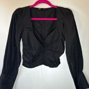 Zara Black Ruched Crop Blouse long Sleeves